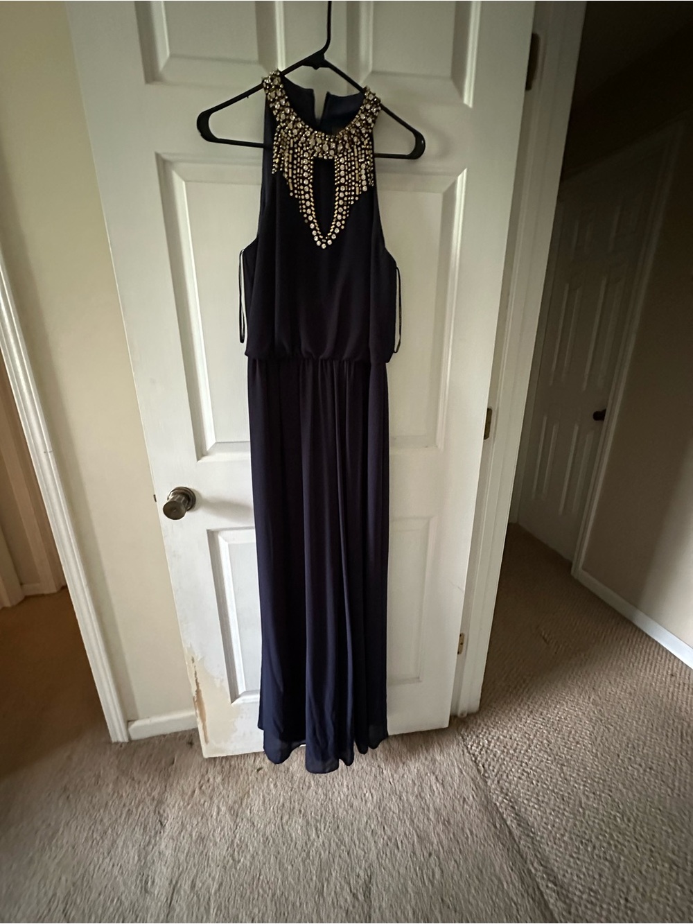 Vince Camuto Navy Halter Jumpsuit with Gold Beaded Neckline